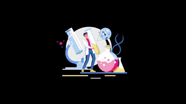 A young scientist engaged in research with laboratory equipment in a colorful animated style.