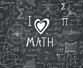 Educational vector seamless pattern with handwritten word "Math", mathematical tasks, formulas and figures