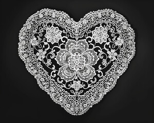 Intricate Black and White Heart-Shaped Doily Illustration with Floral Pattern