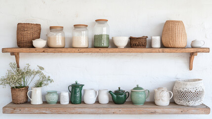 rustic wooden shelf displays various jars and ceramic pots, showcasing blend of natural textures and colors. arrangement creates cozy, inviting atmosphere