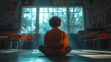 picture a lonely kid isolated from the class, sitting in the corner as punishment hyper realistic, soft shadows, no contrast, clean sharp focus, cinematic lighting, muted tones