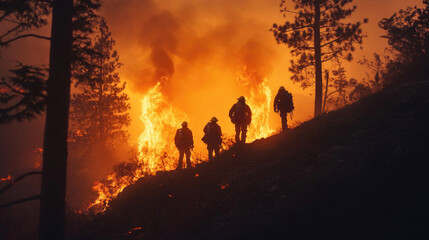 Fototapeta premium Firefighters battle a large wildfire in Los Angeles as thick smoke engulfs the area. The flames reach high into the sky, creating a dangerous environment for containment efforts