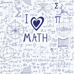 'Back to school' educational vector seamless pattern with handwritten words "I love math", formulas and figures, grid copybook paper