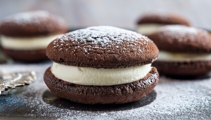 chocolate whoopie pies with cream filling and powdered sugar