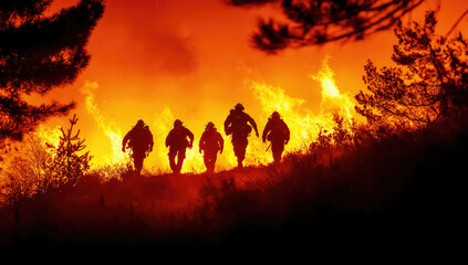 Fototapeta premium Firefighters battle a large wildfire in Los Angeles as thick smoke engulfs the area. The flames reach high into the sky, creating a dangerous environment for containment efforts