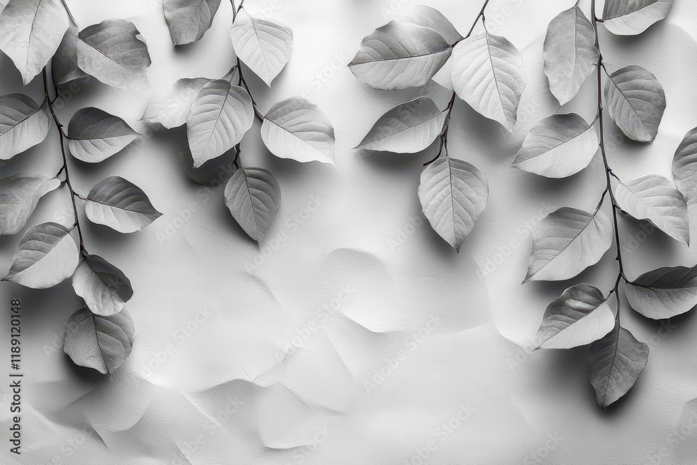 Wall mural minimalist shadow play of botanical leaves on clean white wall creating natural abstract patterns fo
