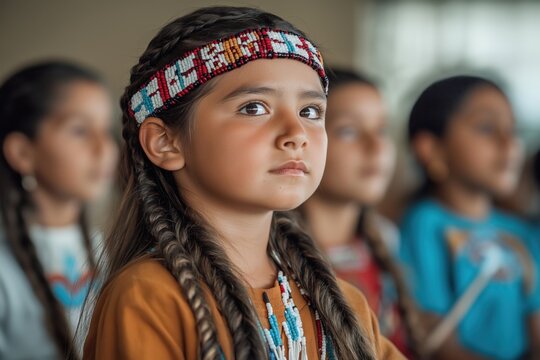 Young Native American children attentively participate in cultural language class at community center. Children wear traditional attire. Focus on indigenous culture, education. Group learning