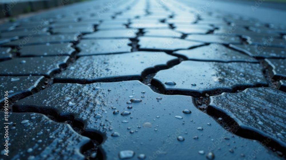 Poster close-up view of wet interlocking pavement stones after a rain shower