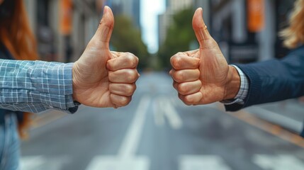 Two hands giving thumbs up, facing each other. City street background.