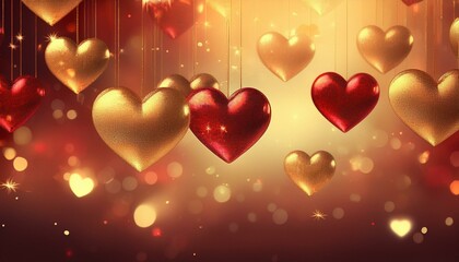 golden and red glittering hearts suspended in the air with a warm gradient background symbolizing love and joy