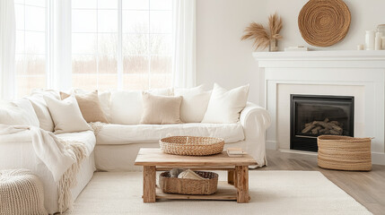 Cozy living room with white sofa, wooden coffee table, and natural decor. space features soft textiles, fireplace, and warm, inviting atmosphere