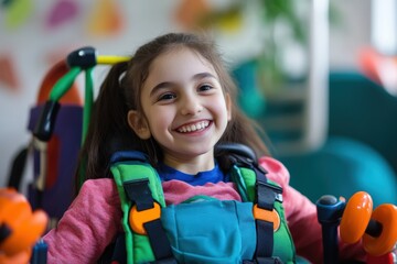 Portrait of smiling disabled girl sitting in adaptive wheelchair