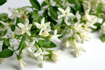close up of a sprig of white flowers and green leaves