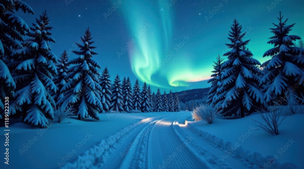 Poster winter wonderland snow-covered trees line a serene path underneath a vibrant aurora borealis