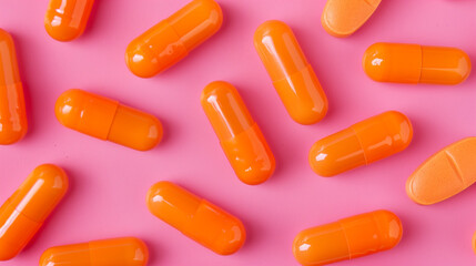 Close-up of vibrant orange tablets scattered on a bright pink background