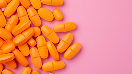 Close-up of vibrant orange tablets scattered on a bright pink background