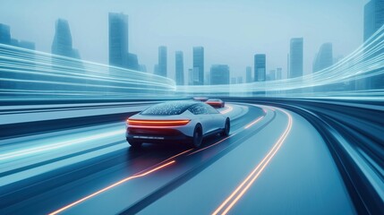 Futuristic autonomous vehicles navigate winding test track in modern city. AI-powered cars move smoothly on curved road surrounded by cityscape. Innovative urban design features sleek vehicles,