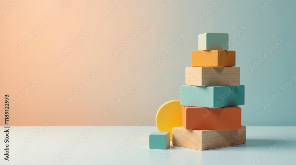 Poster pastel-colored wooden blocks stacked in a pyramid shape on a table