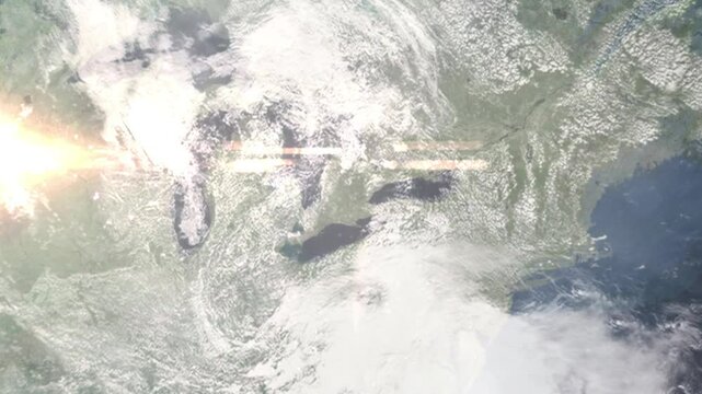 Zooming in on Kitchener, Canada frome space - Perfect for Travel Intros and Backgrounds. Realistic 3D Animation.