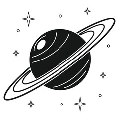 Black and white saturn with rings and stars vector art