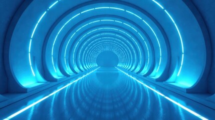 Fototapeta premium Futuristic Blue Neon Tunnel Corridor with Reflective Floor and Circular Lighting