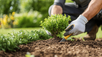 Naklejka premium gardener planting small bush in rich soil, showcasing care and dedication to gardening. lush greenery in background adds to serene atmosphere
