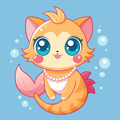 Cute Cartoon Mermaid Kitten – Big Sparkly Eyes, Orange Fur, Colorful Scales, Kawaii Style