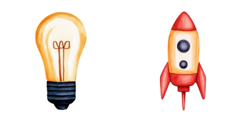 Creative Concept of Inspiration and Innovation Represented by a Light Bulb and a Rocket, Symbolizing Ideas and Progress in a Colorful