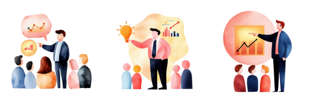 Business Presentation Featuring Professionals Sharing Ideas, Data Visualization, and Audience Engagement in a Bright and Colorful Style