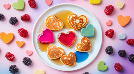 Heart-shaped pancakes with colorful syrup and pride decor
