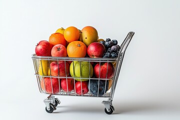 Fresh Fruits in Shopping Cart on White Background