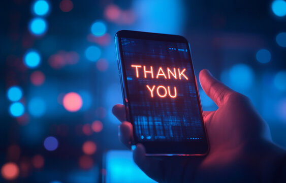 Modern Urban Professional Smiling While Interacting with His Smartphone, Surrounded by a Futuristic Neon-Glowing 'Thank You' Sign in a High-Tech Cityscape