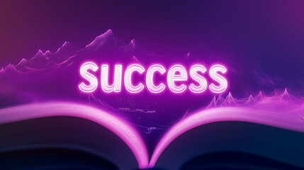 Open book with glowing text "success" floating above, symbolizing success through knowledge, vibrant gradient background, Generative AI