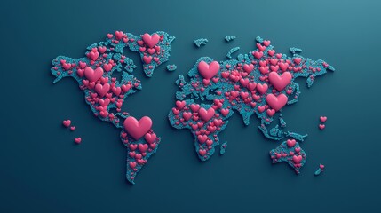 Colorful world map with hearts symbolizing global love and unity.