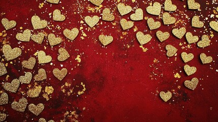 Golden Glitter Hearts on Deep Red Background with Unique Patterns