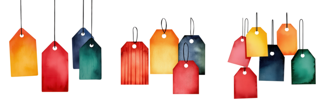 Colorful Paper Tags in Various Shapes and Sizes Hanging in an Artistic Arrangement for Crafting and Gift-Wrapping Inspiration