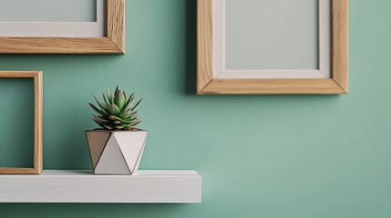 Succulent plant in geometric pot with wooden frames on minimalist shelf