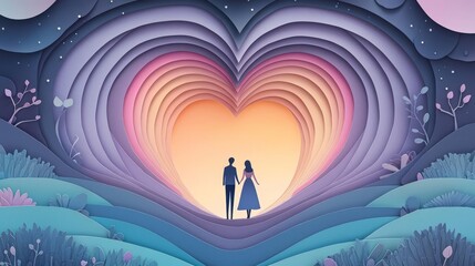 Fototapeta premium A romantic couple standing in a heart-shaped landscape.