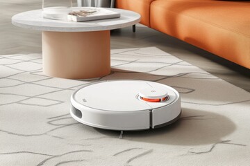 Modern Robot Vacuum Cleaner Operating on a Soft Patterned Carpet with a Cozy Couch and Coffee Table in a Brightly Lit Room