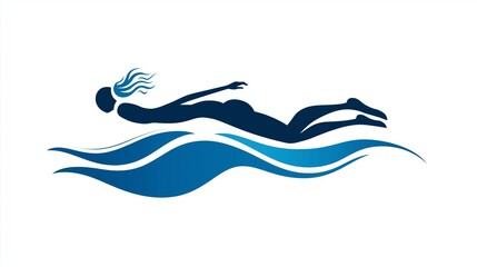Obraz premium Simple Blue Swimming logo silhouette Sea Ocean Water Wave Logo design, Swimming logo design, Blue swimming logo with abstract silhouette, swimming person for swimming sport athlete logo design