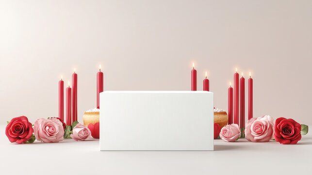 Valentine's Day themed food packaging mock up concept. White cake box with roses and candles for a romantic setting
