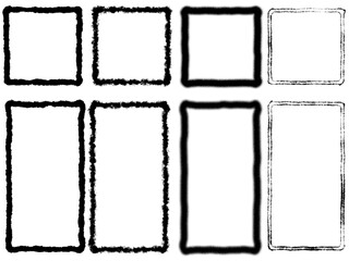 Set of 8 grunge black square and rectangle frame templates isolated on a transparent background, horizontal composition. Transparent texture for graphic design.