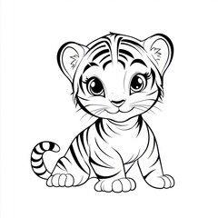 Cute cartoon tiger cub, sitting, white background, coloring page