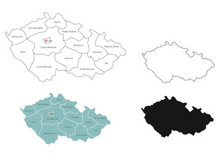 4 style of Czech map have all province and mark the capital city By thin black outline simplicity style and dark shadow style