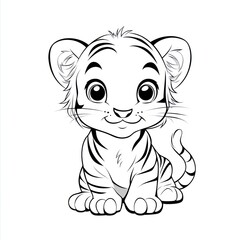Cute cartoon tiger cub, white background, coloring page, kids' book illustration
