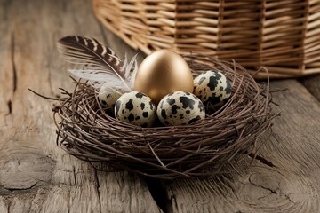 Obraz premium A nest with a golden egg, quail eggs, and a feather on a wooden surface with a wicker basket in the background