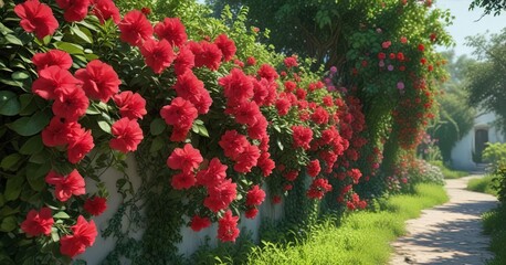Naklejka premium Colorful Bougainvillea vine with red flowers in a lush green environment , indoor plants, white background