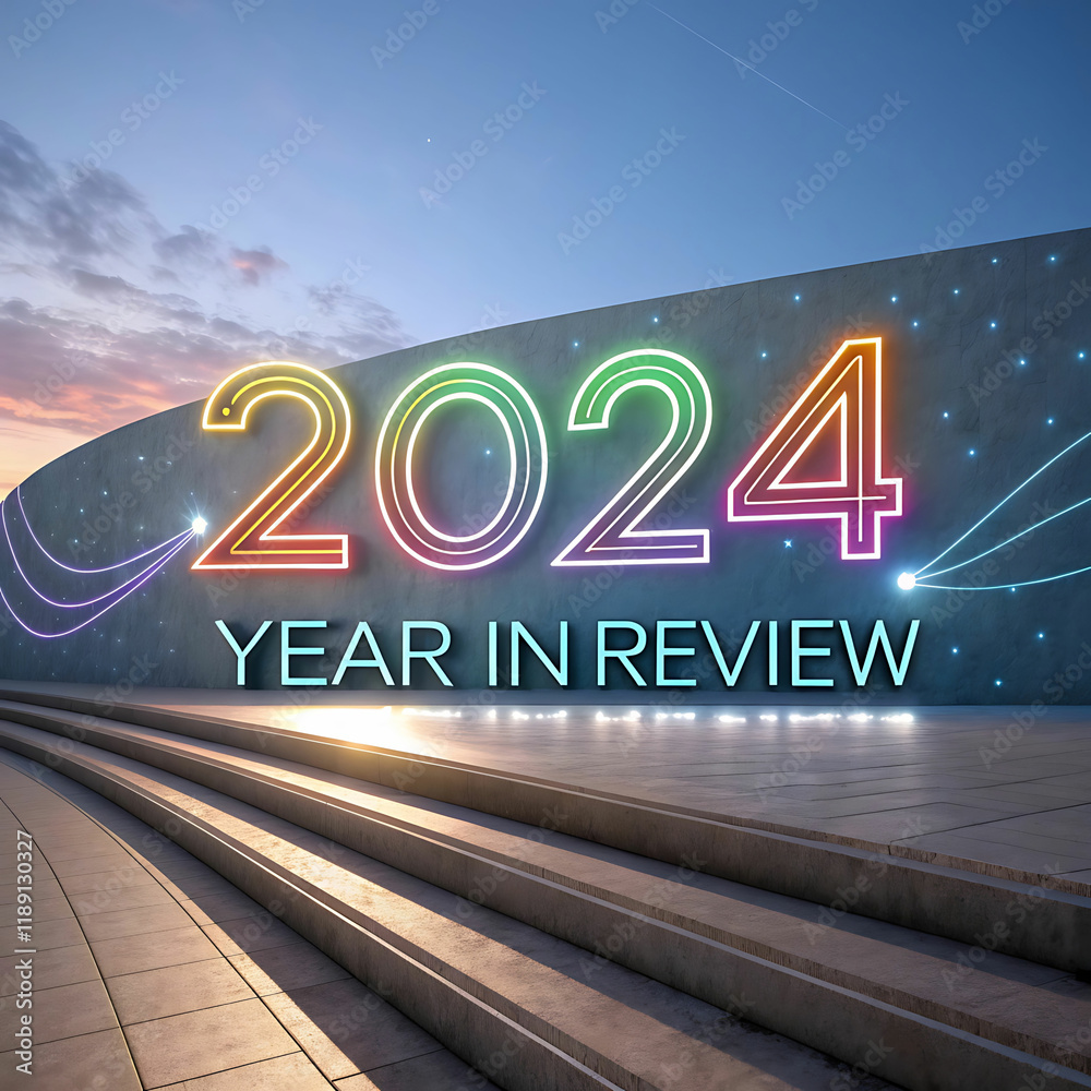 Fototapete 2024 year in review abstract art with glowing colorful numbers and dynamic lines