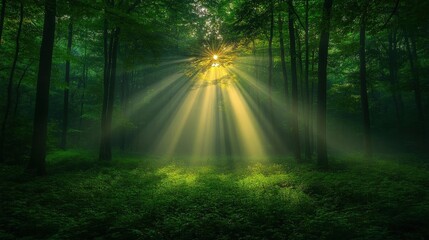 Obraz premium Sunbeams Illuminate Lush Forest: A Serene and Magical Nature Scene