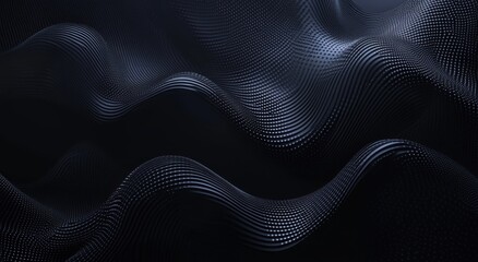 Naklejka premium Black background, wave of dots and lines, dark blue gradient background. The overall design is simple with an abstract shape that conveys futuristic technology or artificial intelligence.